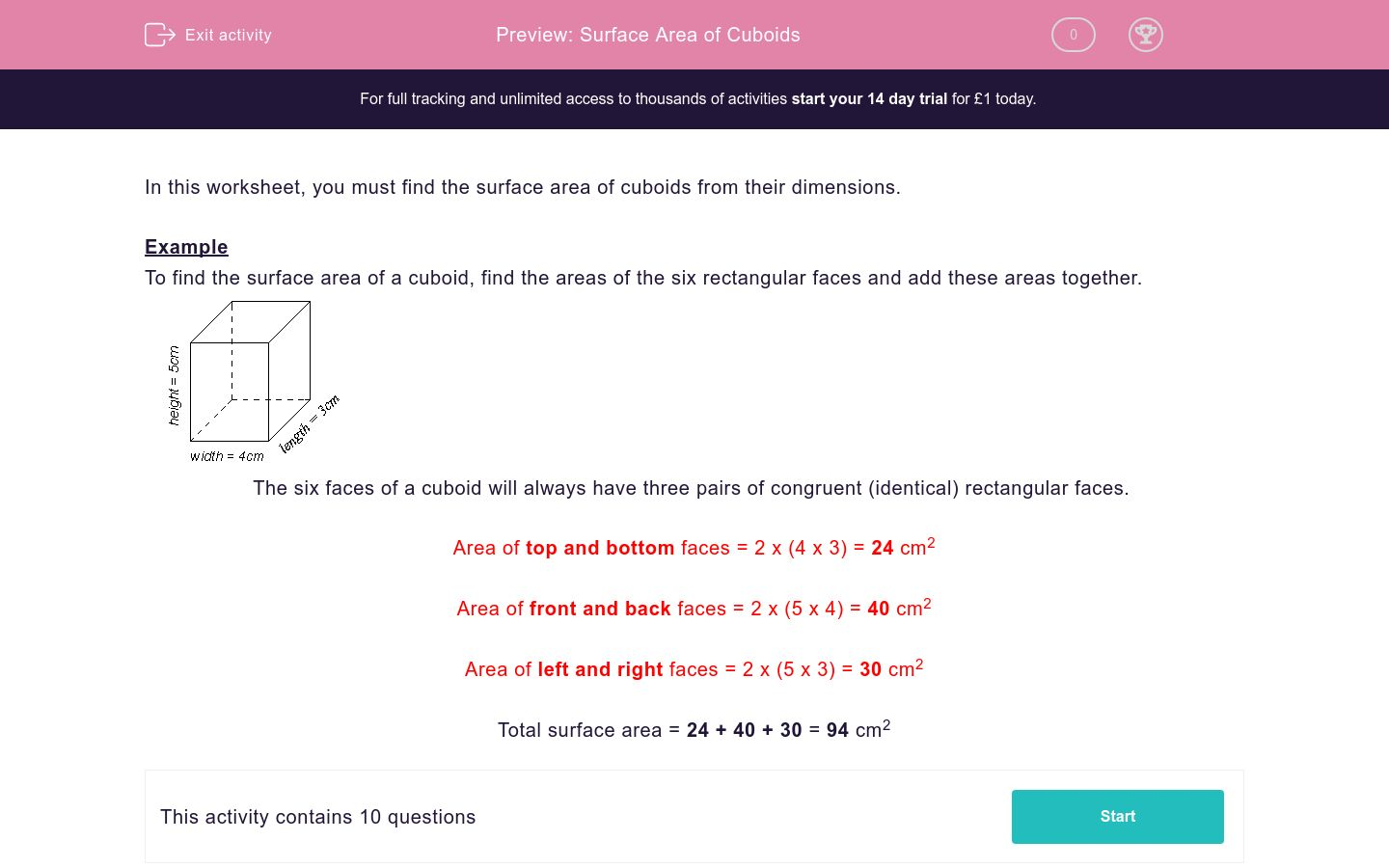 Surface Area of Cuboids Worksheet - EdPlace