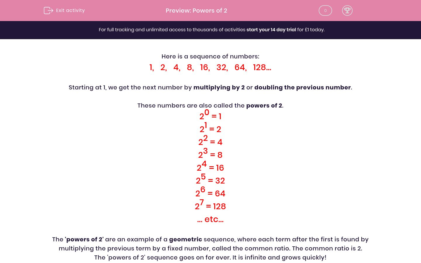 Powers of 2 Worksheet - EdPlace