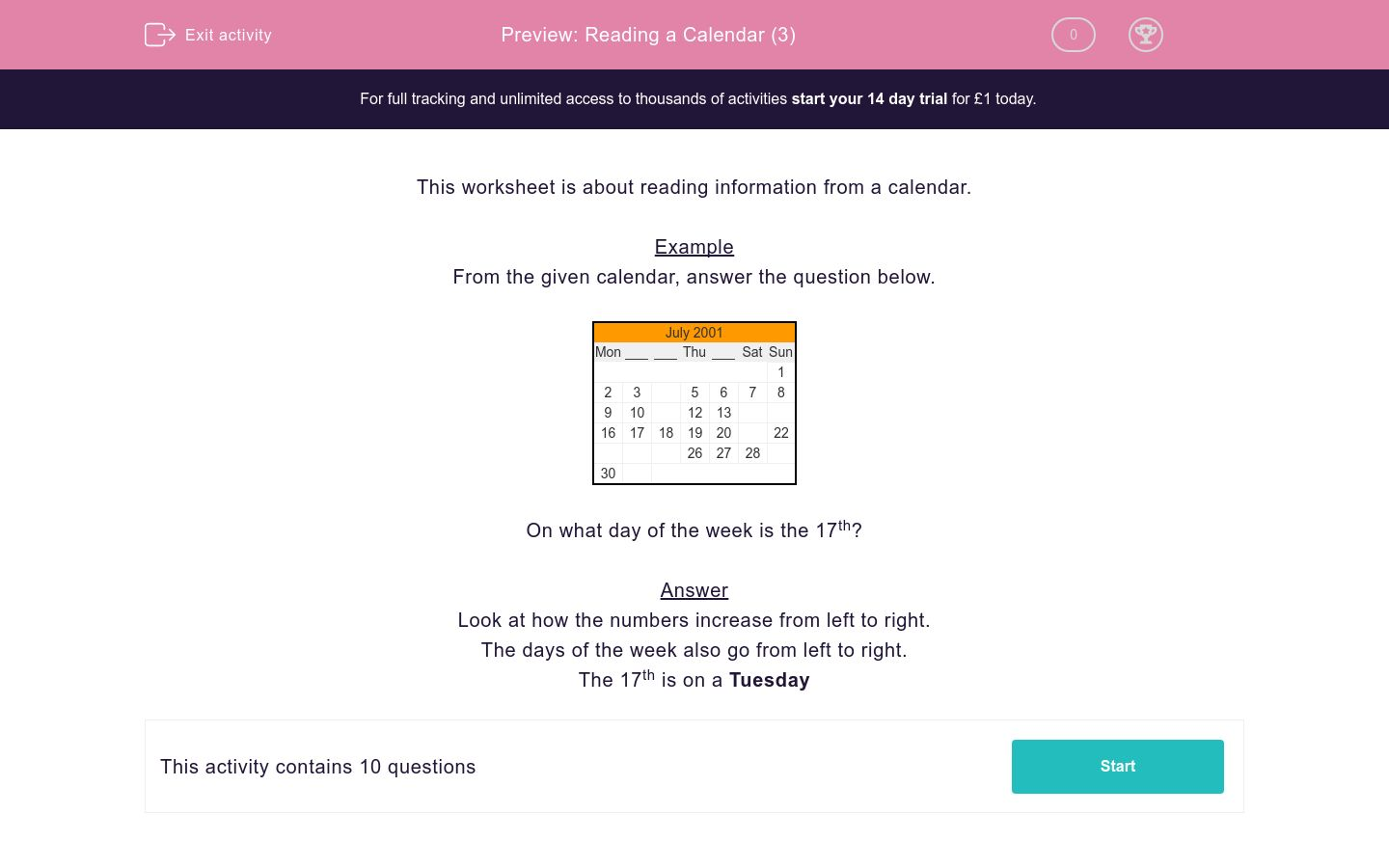 reading a calendar 3 worksheet edplace