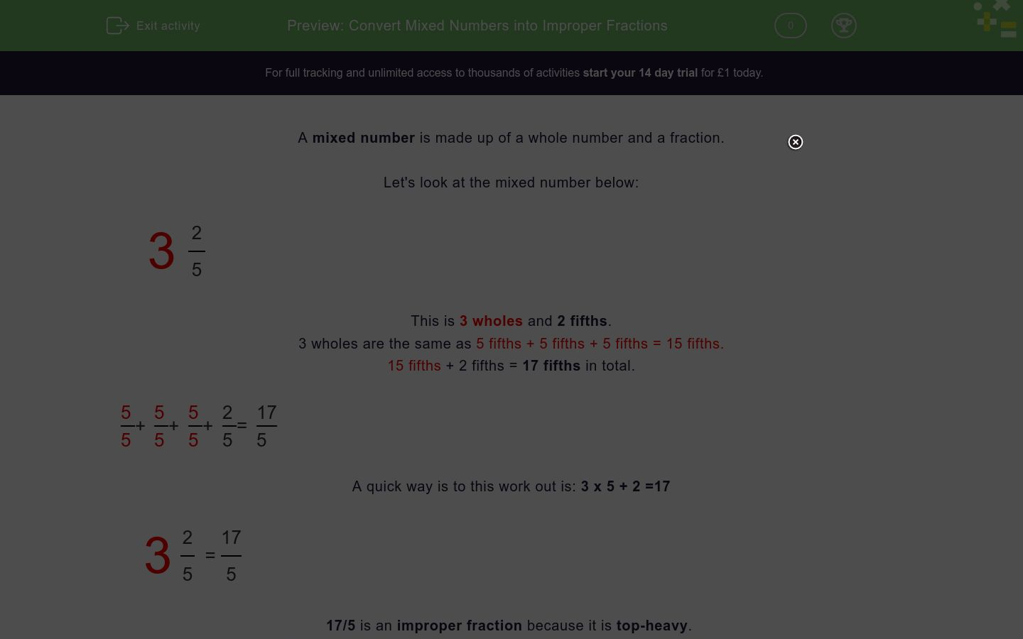 Convert Mixed Numbers into Improper Fractions Worksheet - EdPlace