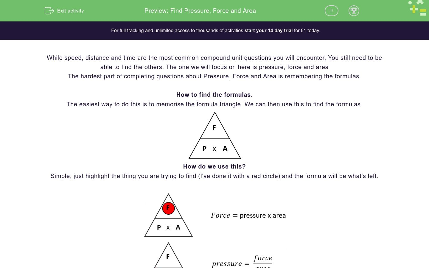 Find Pressure, Force and Area Worksheet - EdPlace