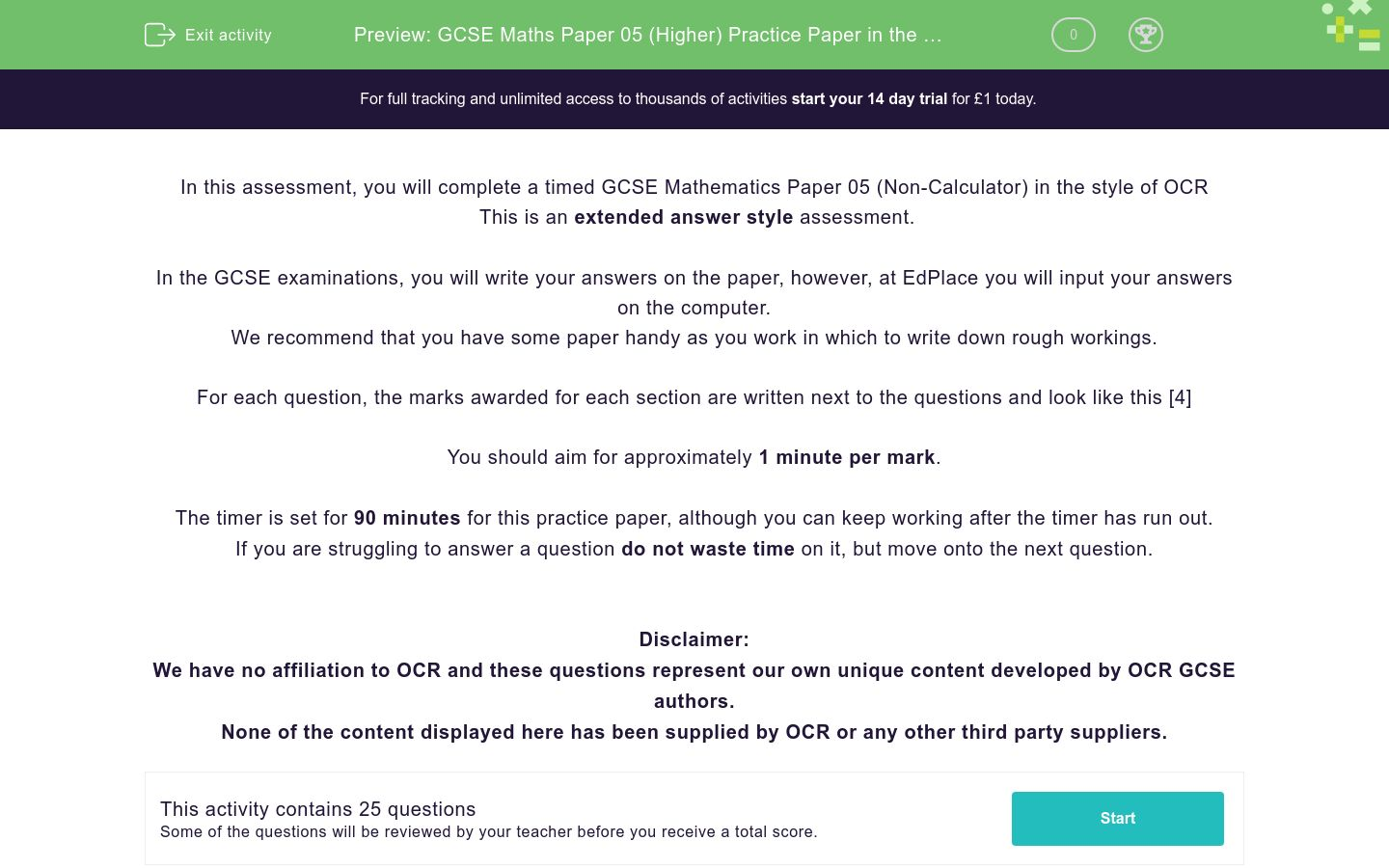 Gcse Maths Paper 05 Higher Practice Paper In The Style Of Ocr Non Calculator Worksheet Edplace