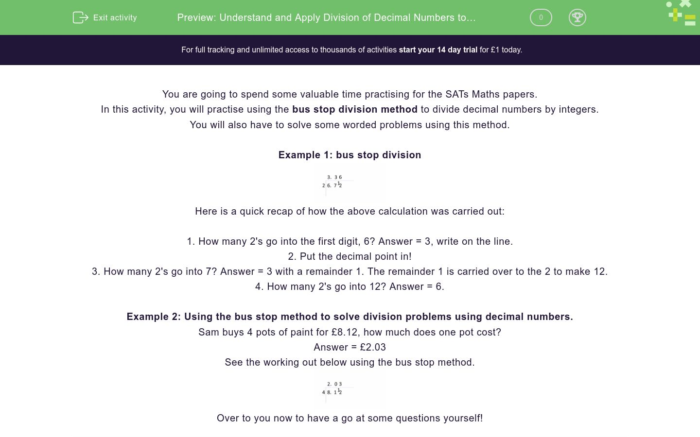 understand and apply division of decimal numbers to solve