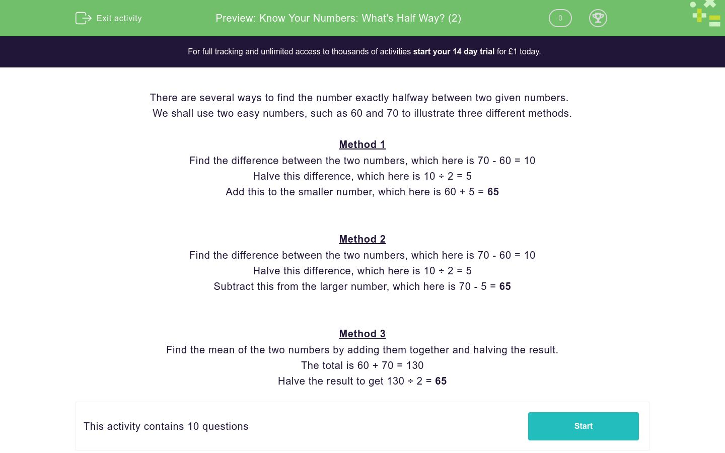 Know Your Numbers: What's Half Way? (2) Worksheet - EdPlace