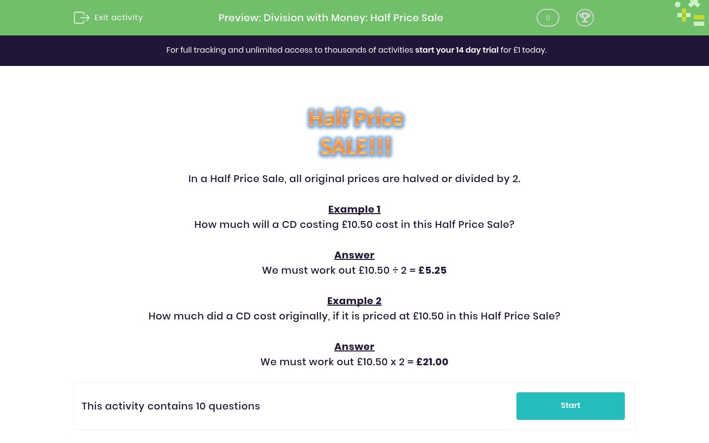 Division with Money: Half Price Sale Worksheet - EdPlace