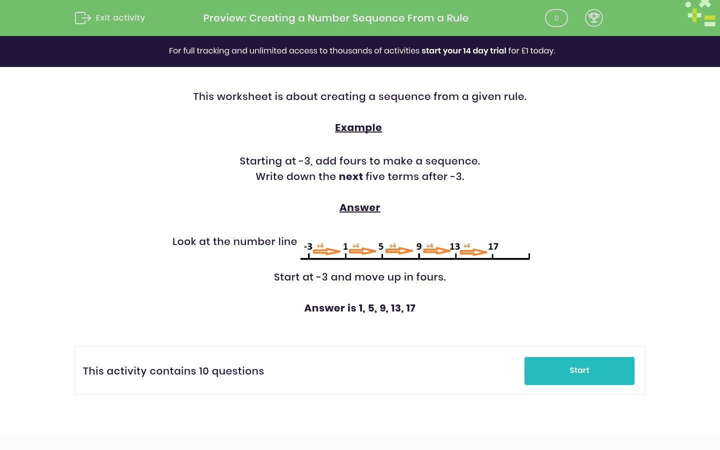 Creating a Number Sequence From a Rule Worksheet - EdPlace