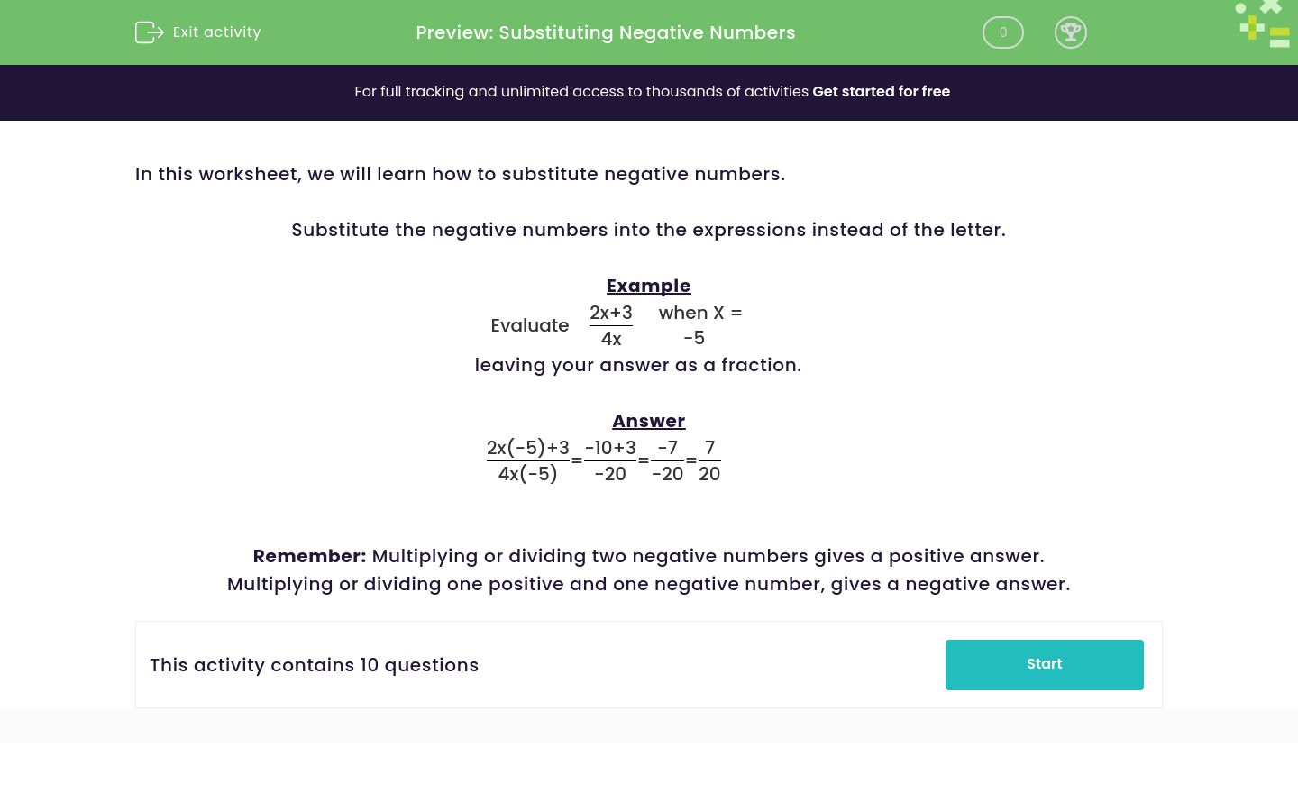 Substitute Negative Numbers Into Algebraic Expressions Worksheet EdPlace