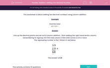 'Addition: Adding Two Decimal Numbers' worksheet