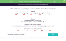 'Arranging Integers in Ascending Order' worksheet