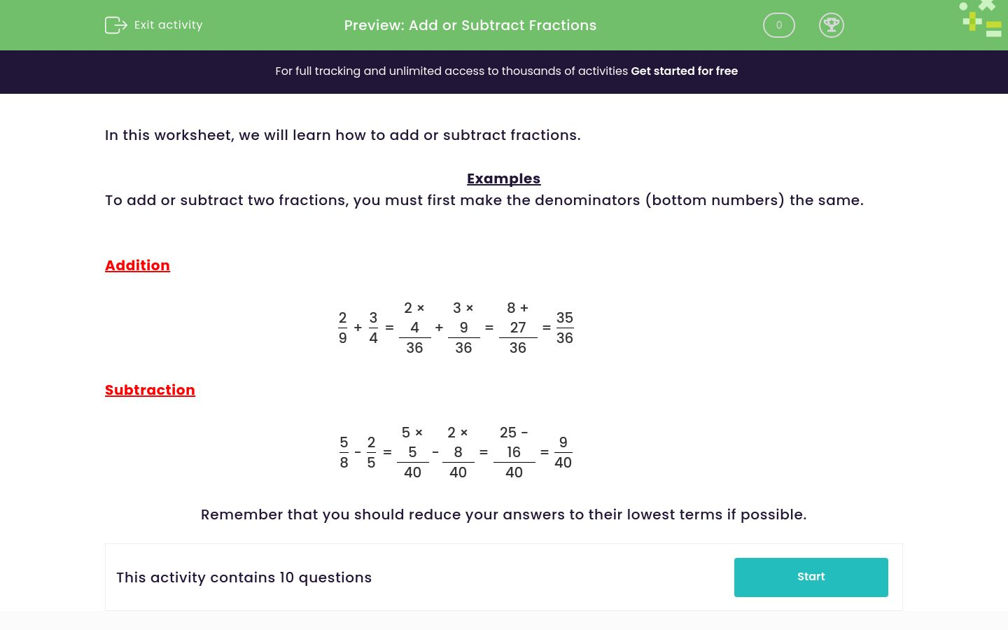 Add and Subtract Fractions Worksheet - EdPlace