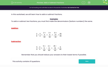 'Add or Subtract Fractions' worksheet