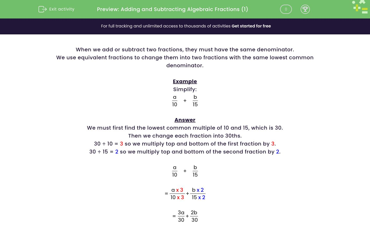 Understand How to Add and Subtract Algebraic Fractions Worksheet - EdPlace