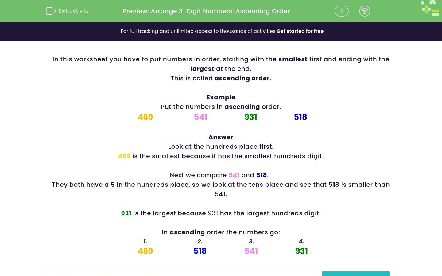 Arrange Three-Digit Numbers in Ascending Order Worksheet - EdPlace