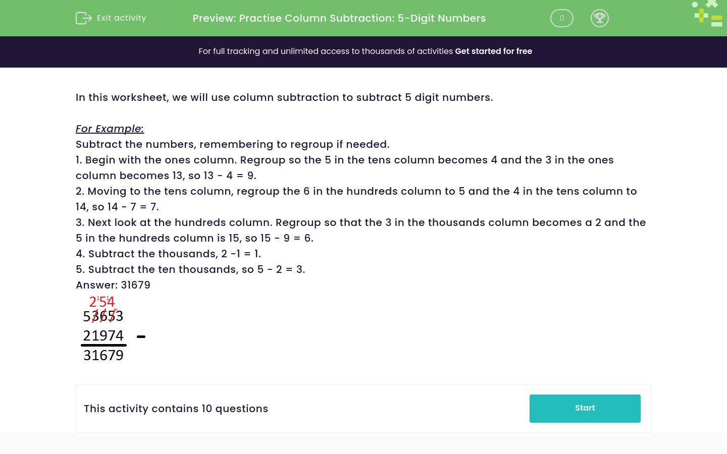 Practise Column Subtraction with 5-Digit Numbers Worksheet - EdPlace