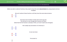 'Adding and Subtracting Fractions with Related Denominators' worksheet