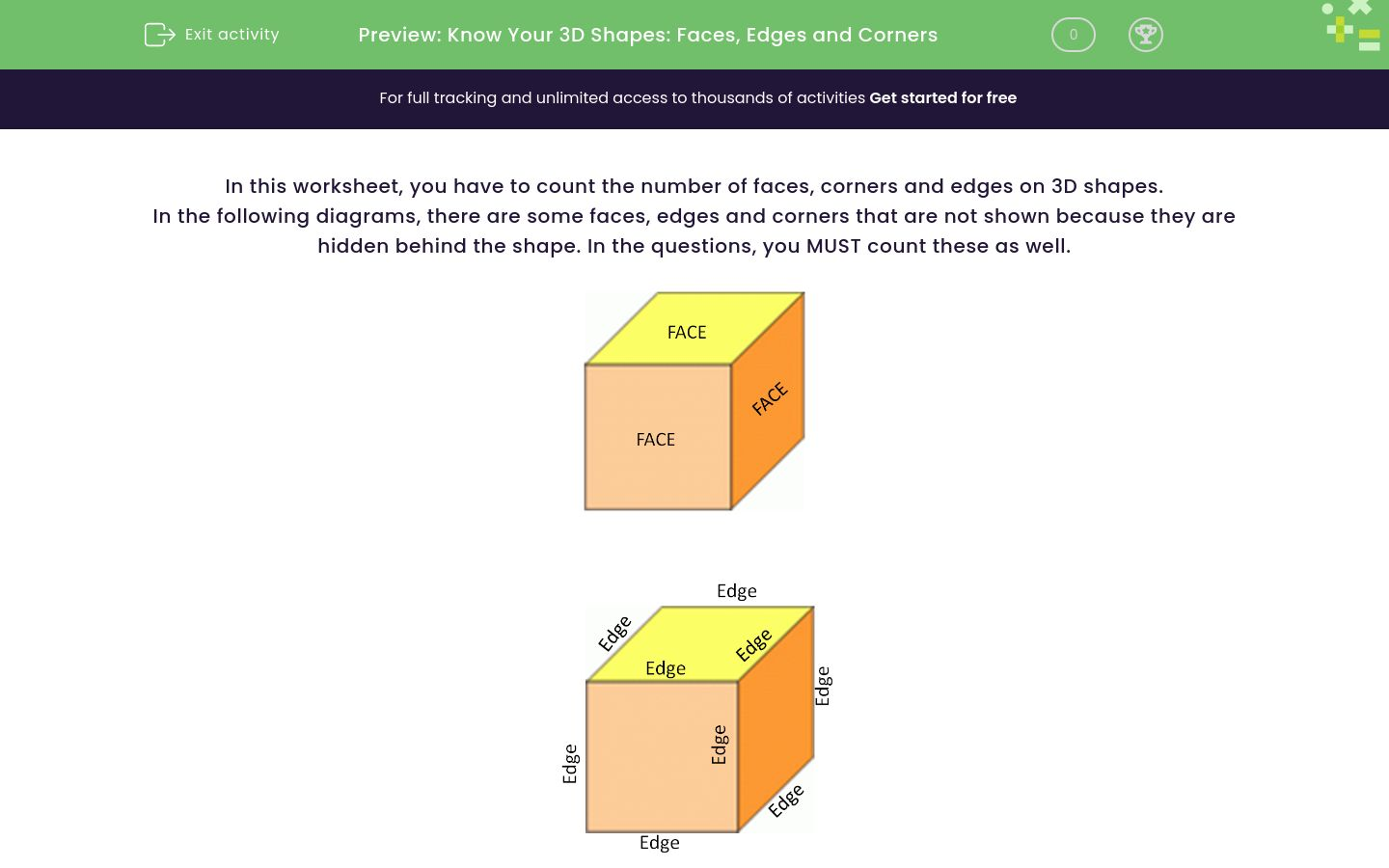 Count the Faces, Edges and Corners of 3D Shapes Worksheet EdPlace