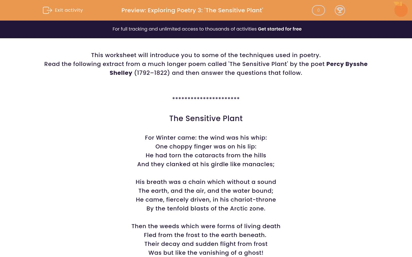 Explore Poetry: 'The Sensitive Plant' Worksheet - EdPlace