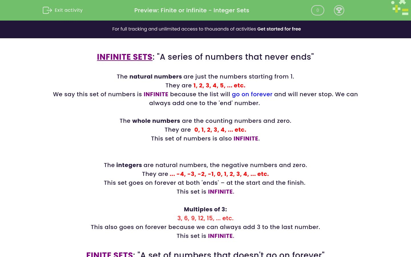 Recognise Infinite and Finite Sets of Numbers Worksheet - EdPlace