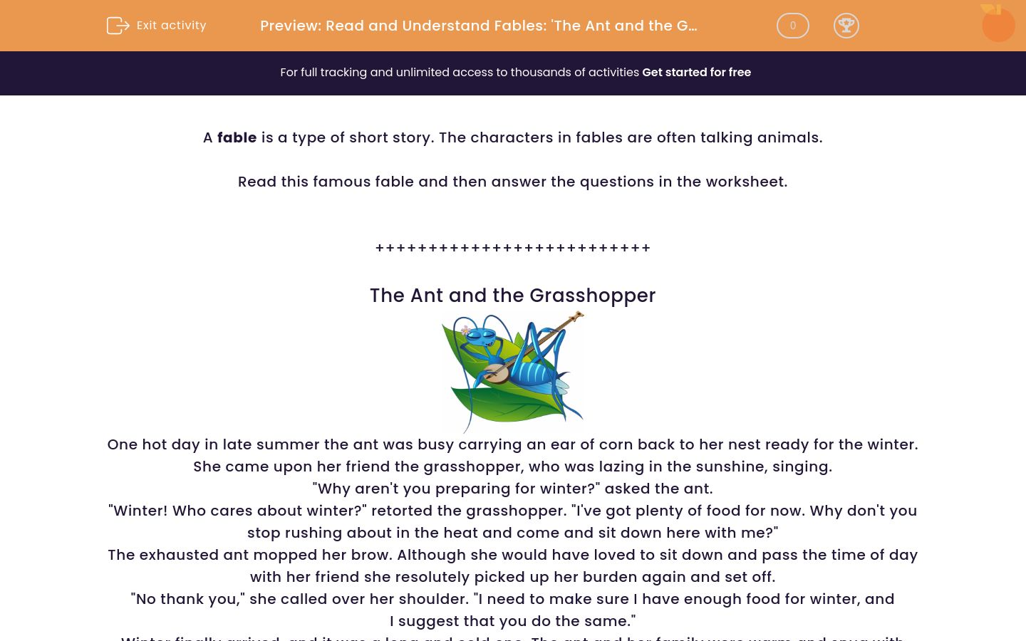 fable the ant and the grasshopper worksheet live worksheets