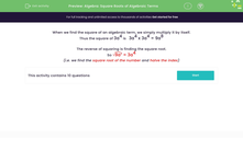 'Algebra: Square Roots of Algebraic Terms' worksheet