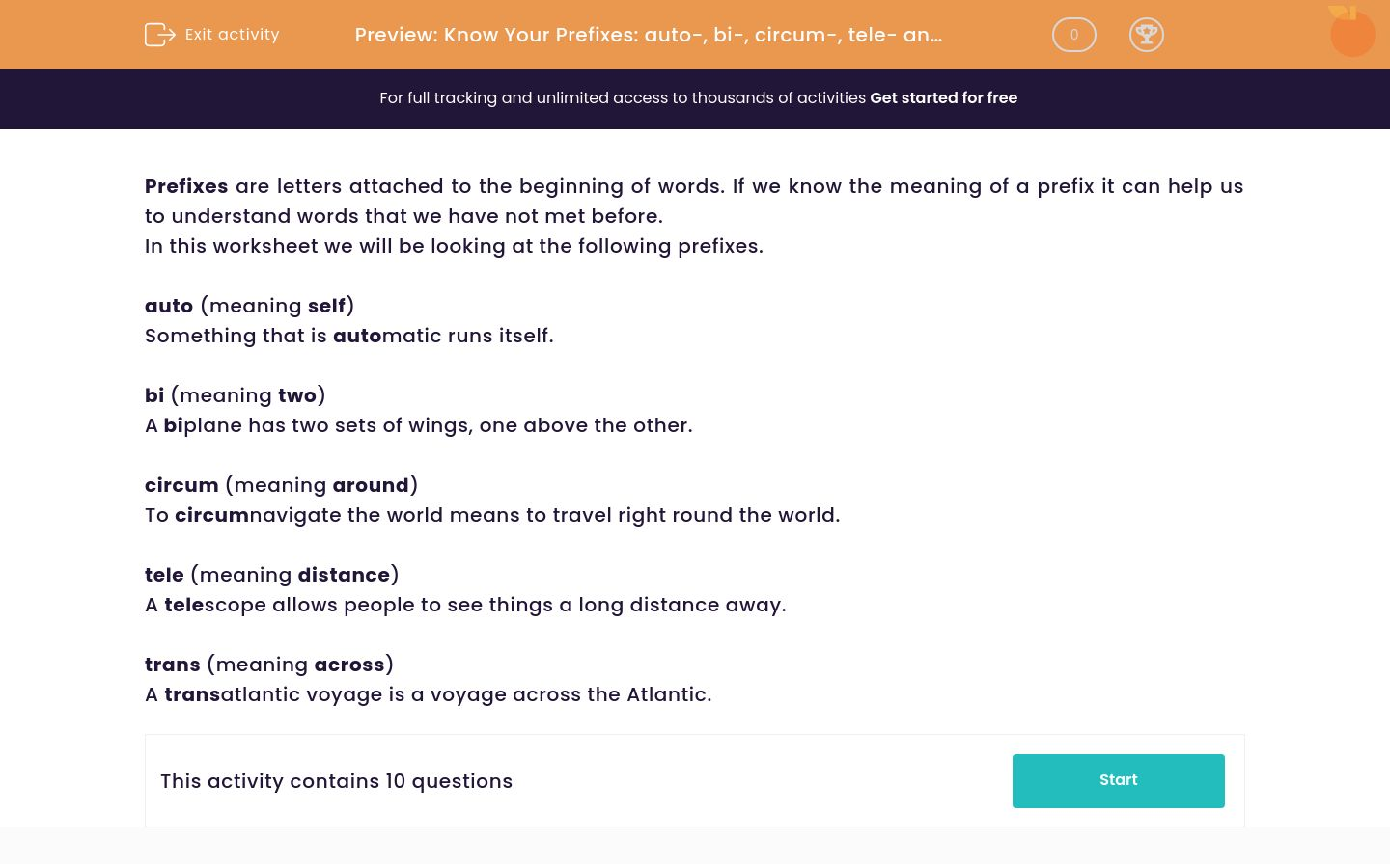 Know Your Prefixes: auto-, bi-, circum-, tele- and trans- Worksheet ...