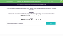 'Round Decimals and Estimate the Answer to an Addition' worksheet