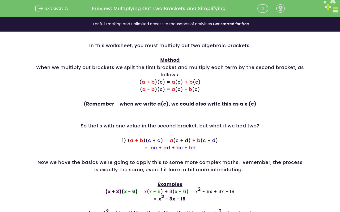 Multiply Out Two Brackets and Simplify Worksheet - EdPlace
