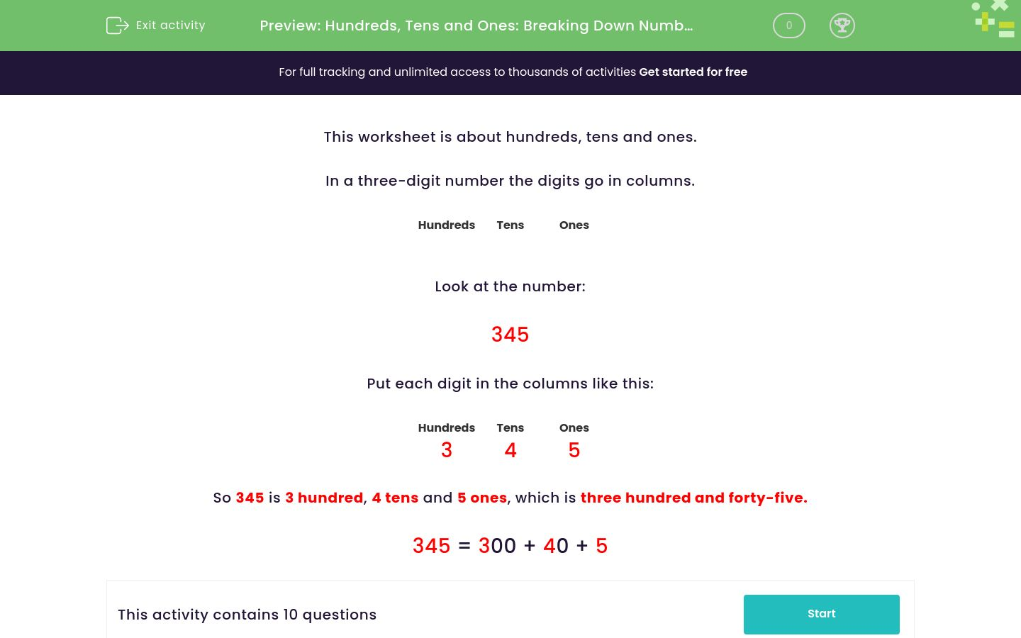 Practise Breaking Down Numbers into Hundreds, Tens and Ones Worksheet