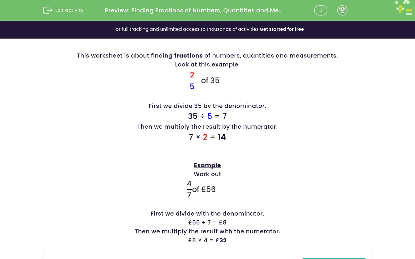 Find Fractions of Numbers, Quantities and Measurements Worksheet - EdPlace