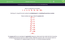 'Understand the Powers of 2 Sequence' worksheet