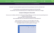 'Dividing Decimal Numbers by 10, 100, 1000 and Multiplying by an Integer' worksheet