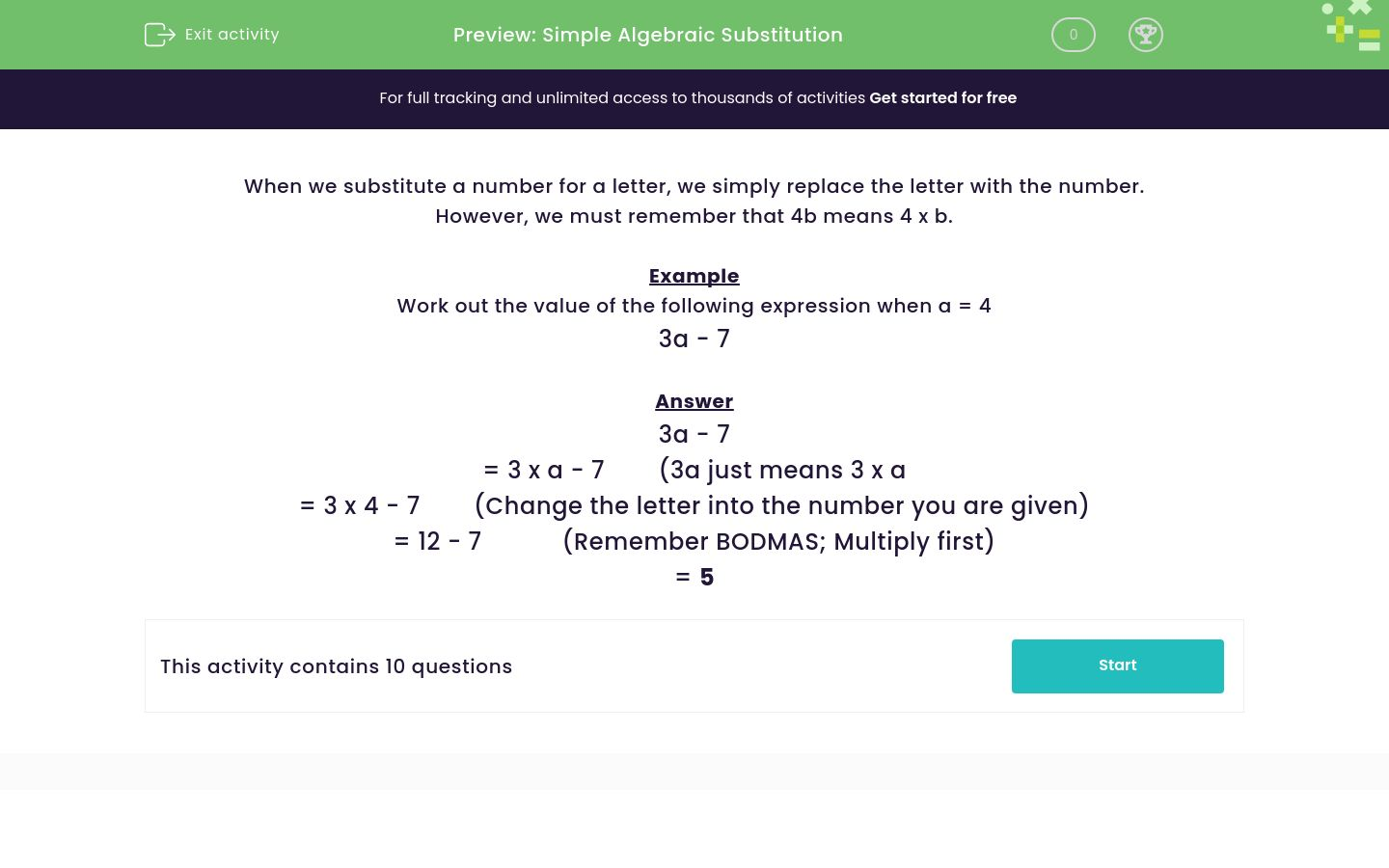 Understand Simple Algebraic Substitution Worksheet - EdPlace
