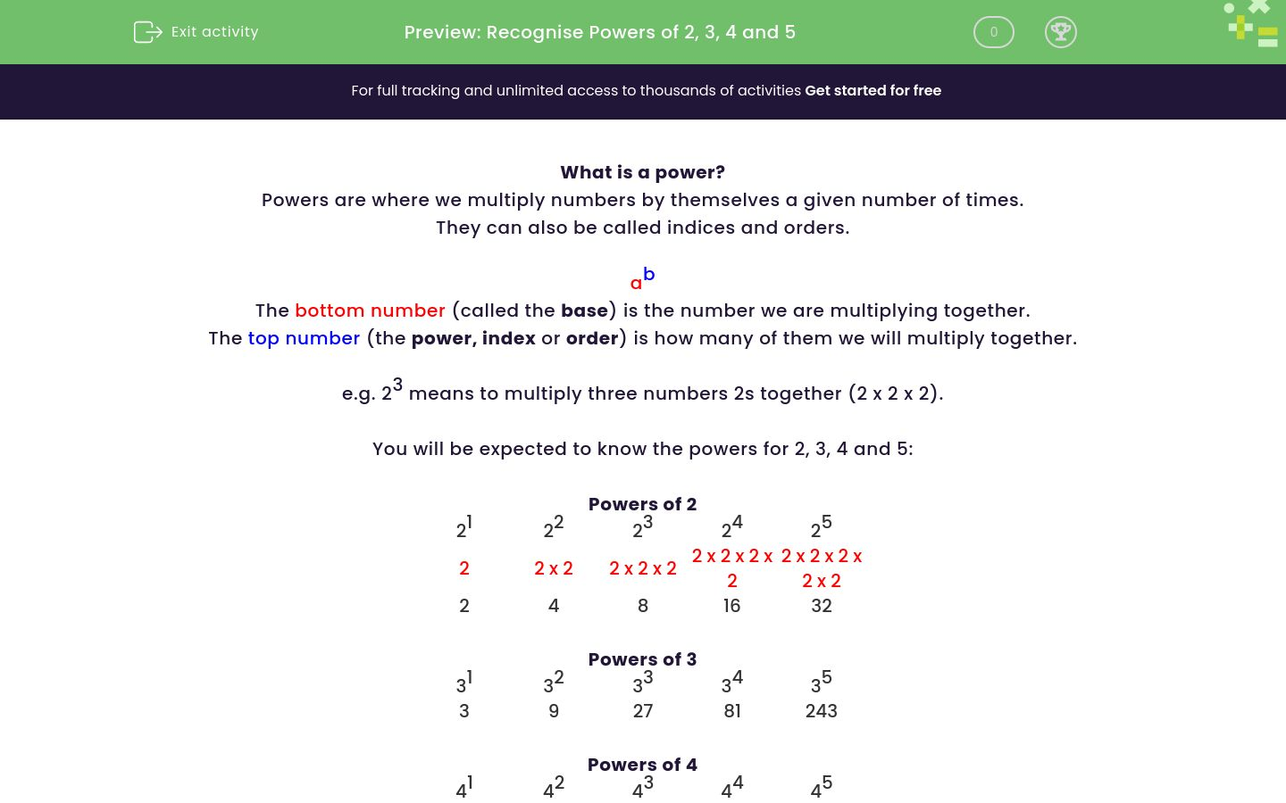 Recognise Powers of 2, 3, 4 and 5 Worksheet - EdPlace