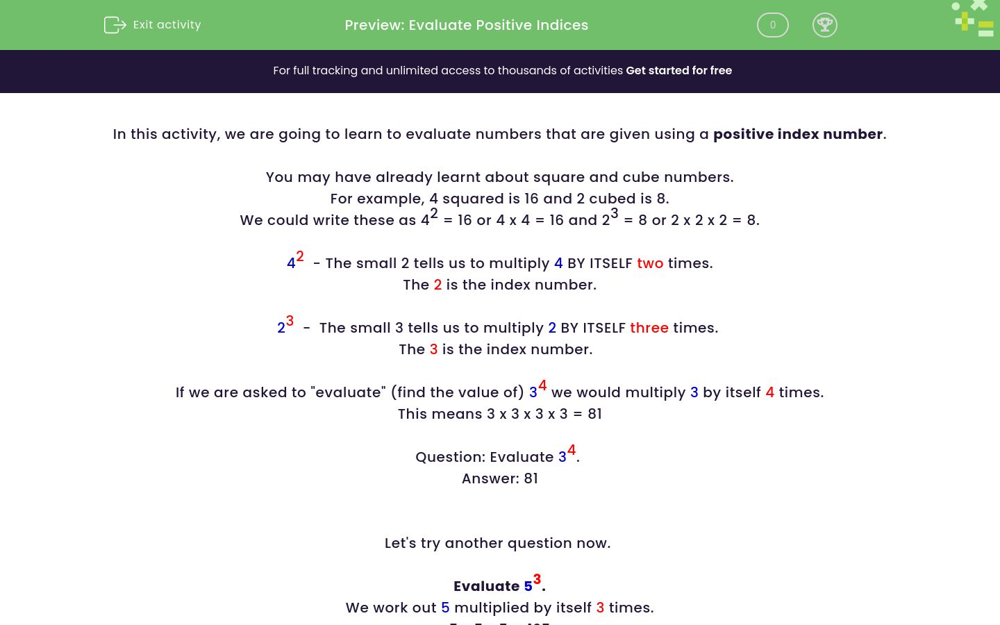 Evaluate Positive Indices Worksheet - EdPlace