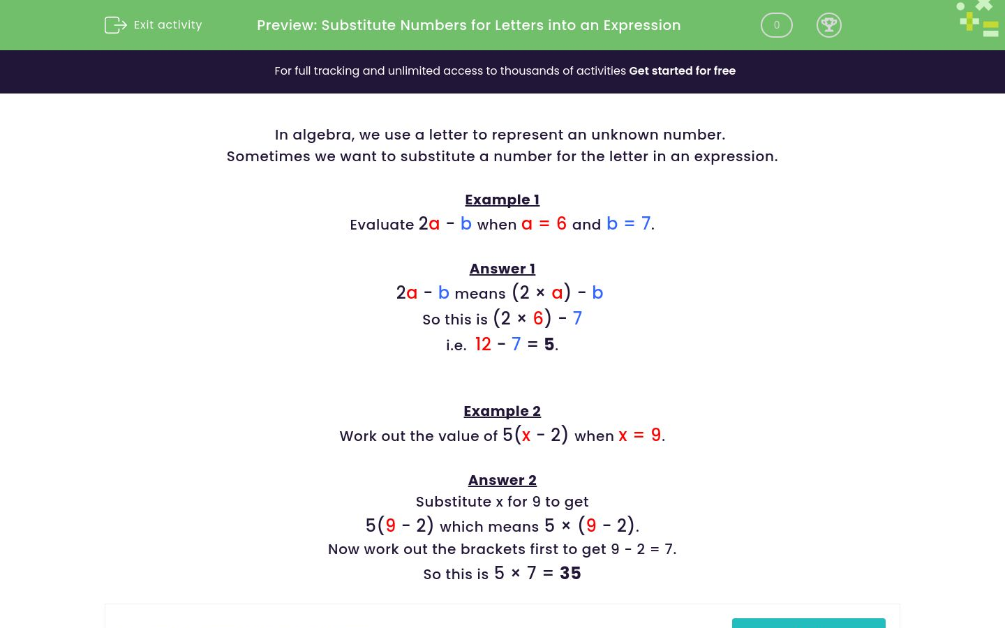 Substitute Numbers for Letters in an Expression Worksheet EdPlace