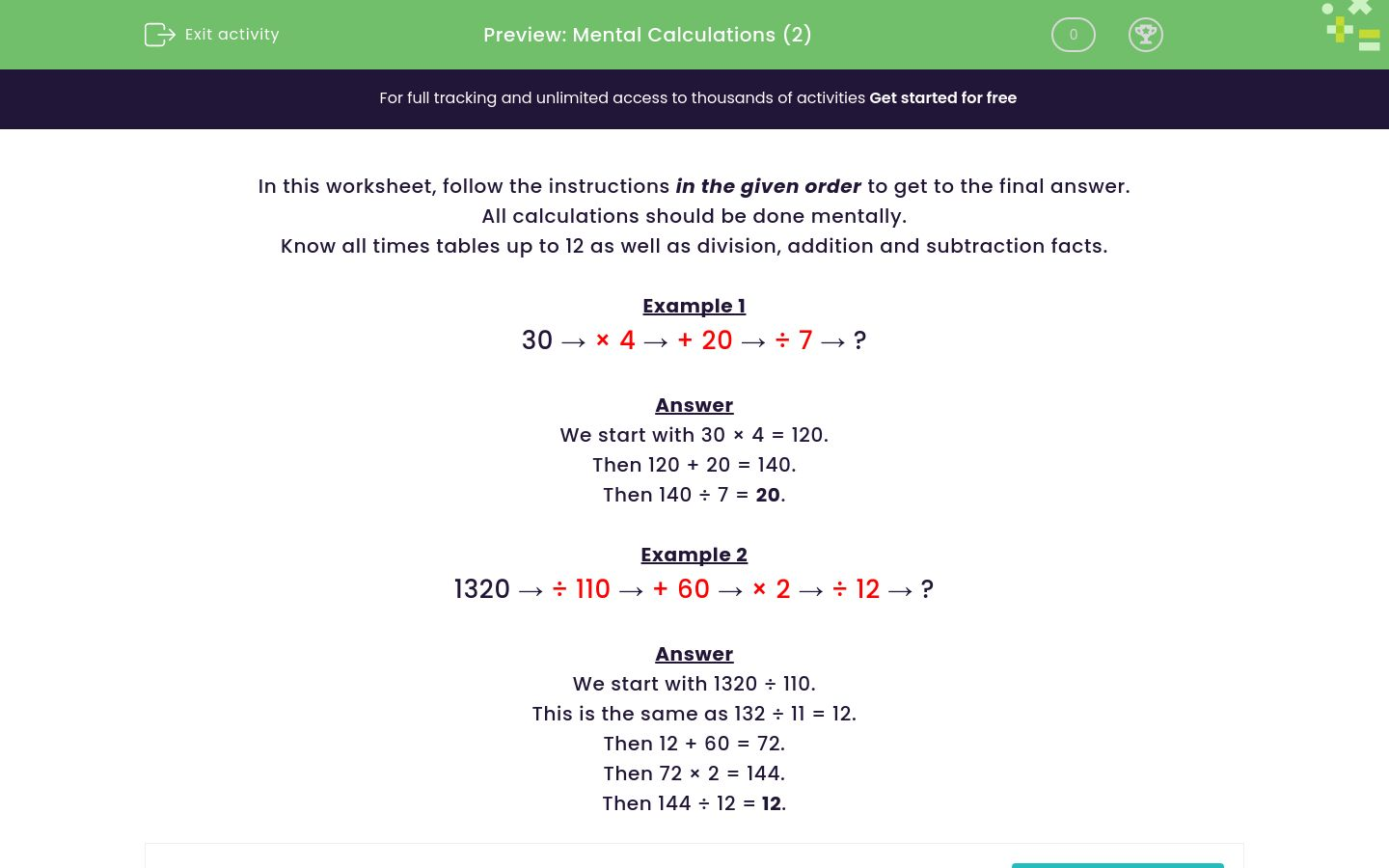 Mental Calculations (2) Worksheet - EdPlace