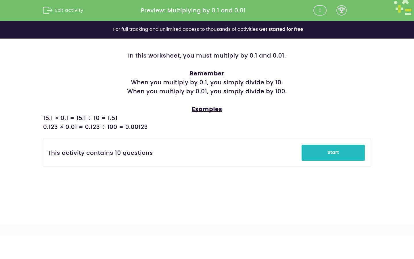 Multiply by 0.1 and 0.01 Worksheet - EdPlace