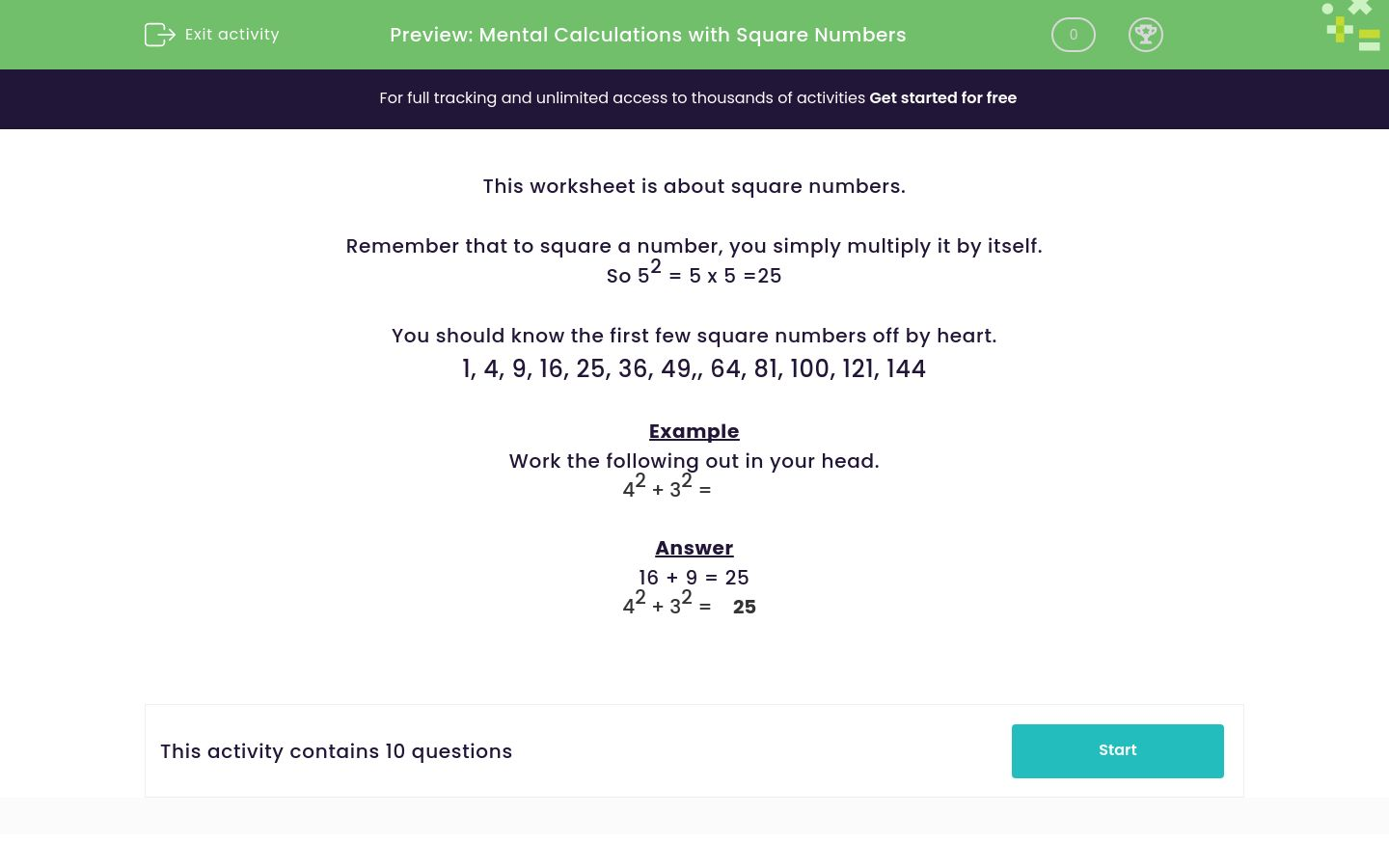 Do Calculations with Square Numbers Mentally Worksheet - EdPlace