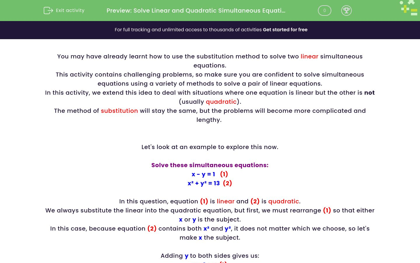 Solve Linear and Quadratic Simultaneous Equations Worksheet EdPlace