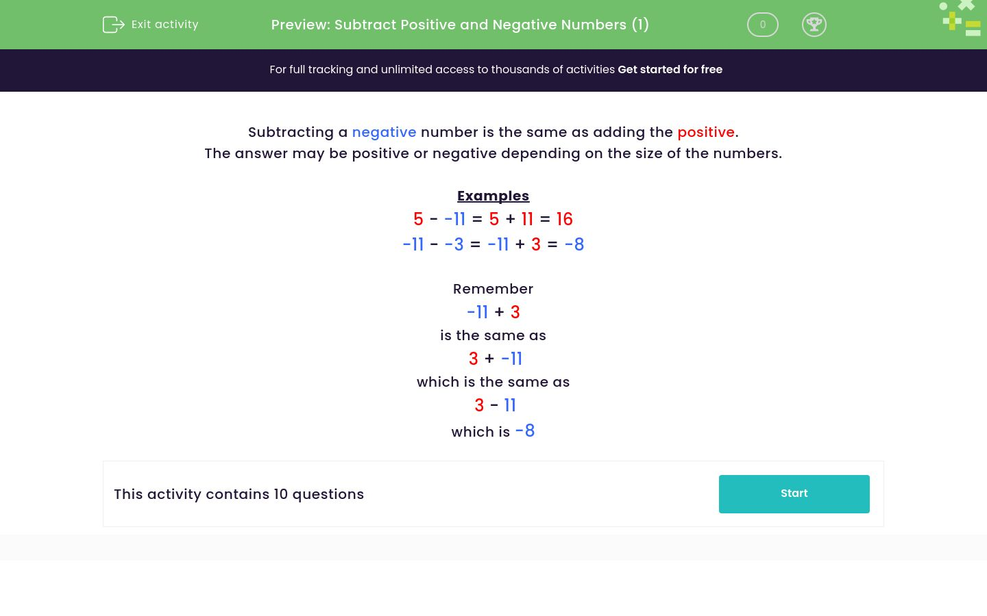 Subtract Simple Positive and Negative Numbers Worksheet - EdPlace