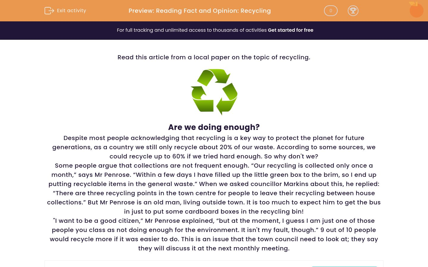 Distinguish Fact and Opinion Recycling Worksheet EdPlace