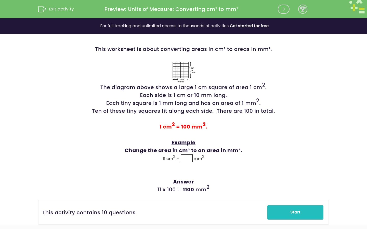 Convert cm² to mm² Worksheet - EdPlace