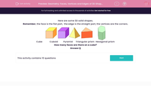 'Geometry: Faces, Vertices and Edges of 3D Shapes' worksheet