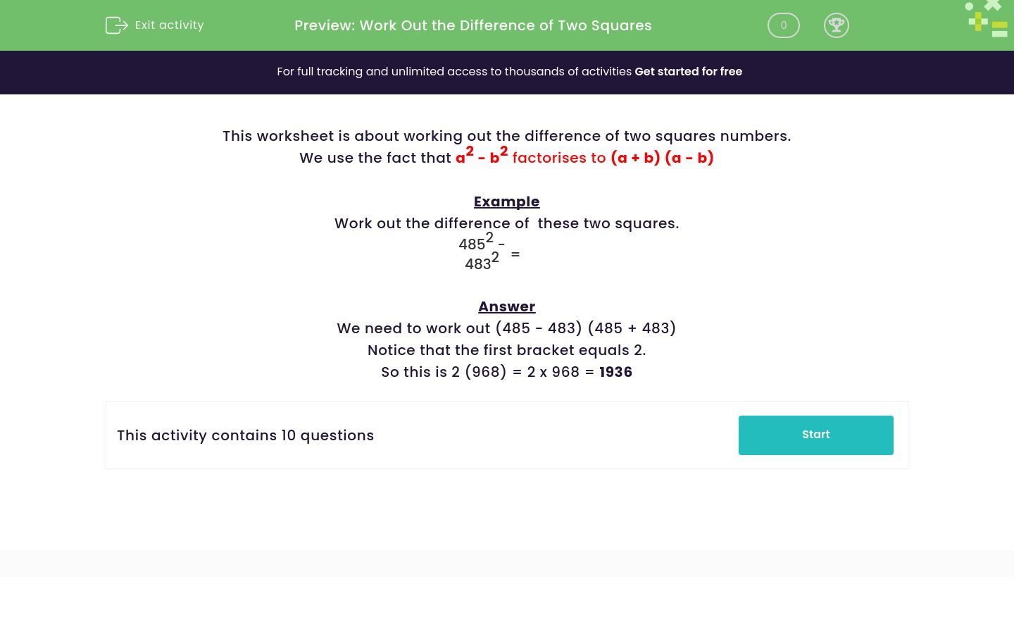 Work Out The Difference Of Two Squares Worksheet - Edplace