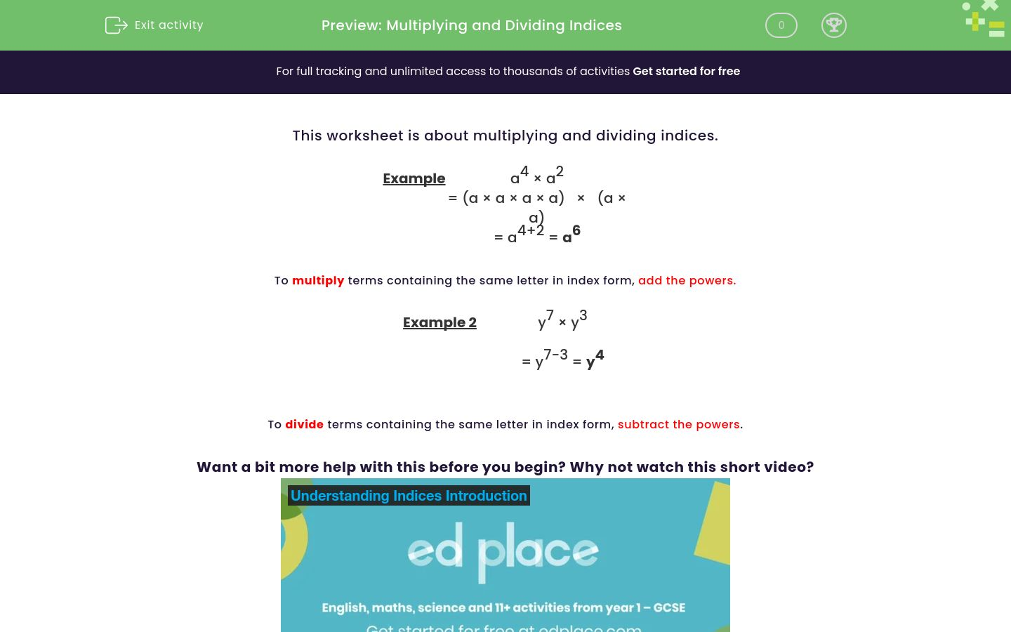 Multiply And Divide Indices Worksheet - EdPlace