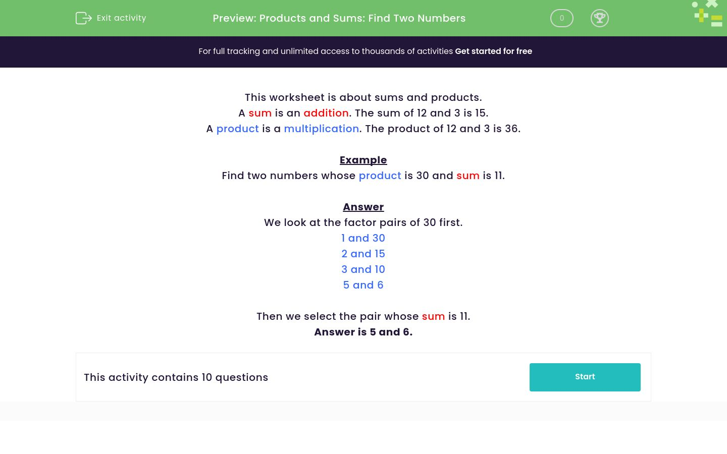 Work Out the Product and Sum of Numbers Worksheet - EdPlace