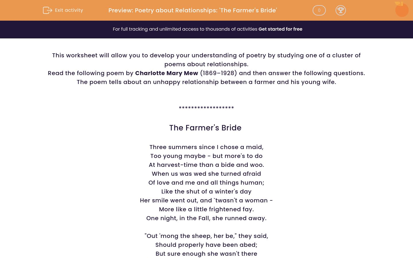 Poetry about Relationships: 'The Farmer's Bride' Worksheet - EdPlace