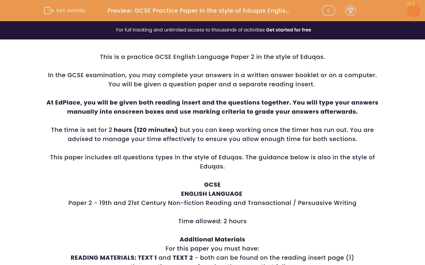 GCSE Practice Paper in the style of Eduqas English Language Paper 2