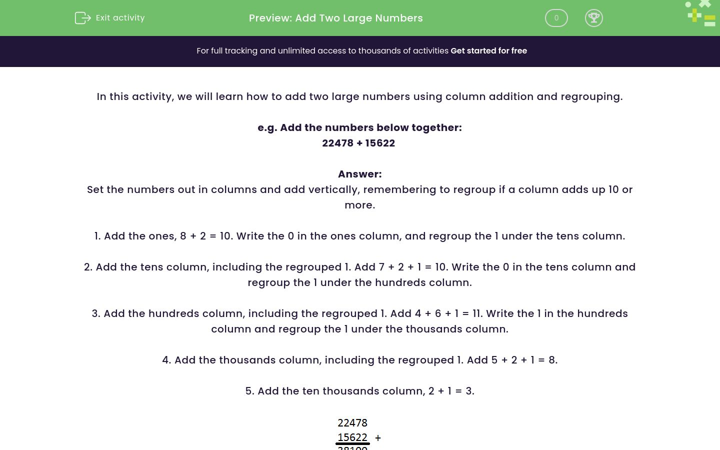 Add Two Large Numbers Using the Column Method and Exchanging Worksheet ...