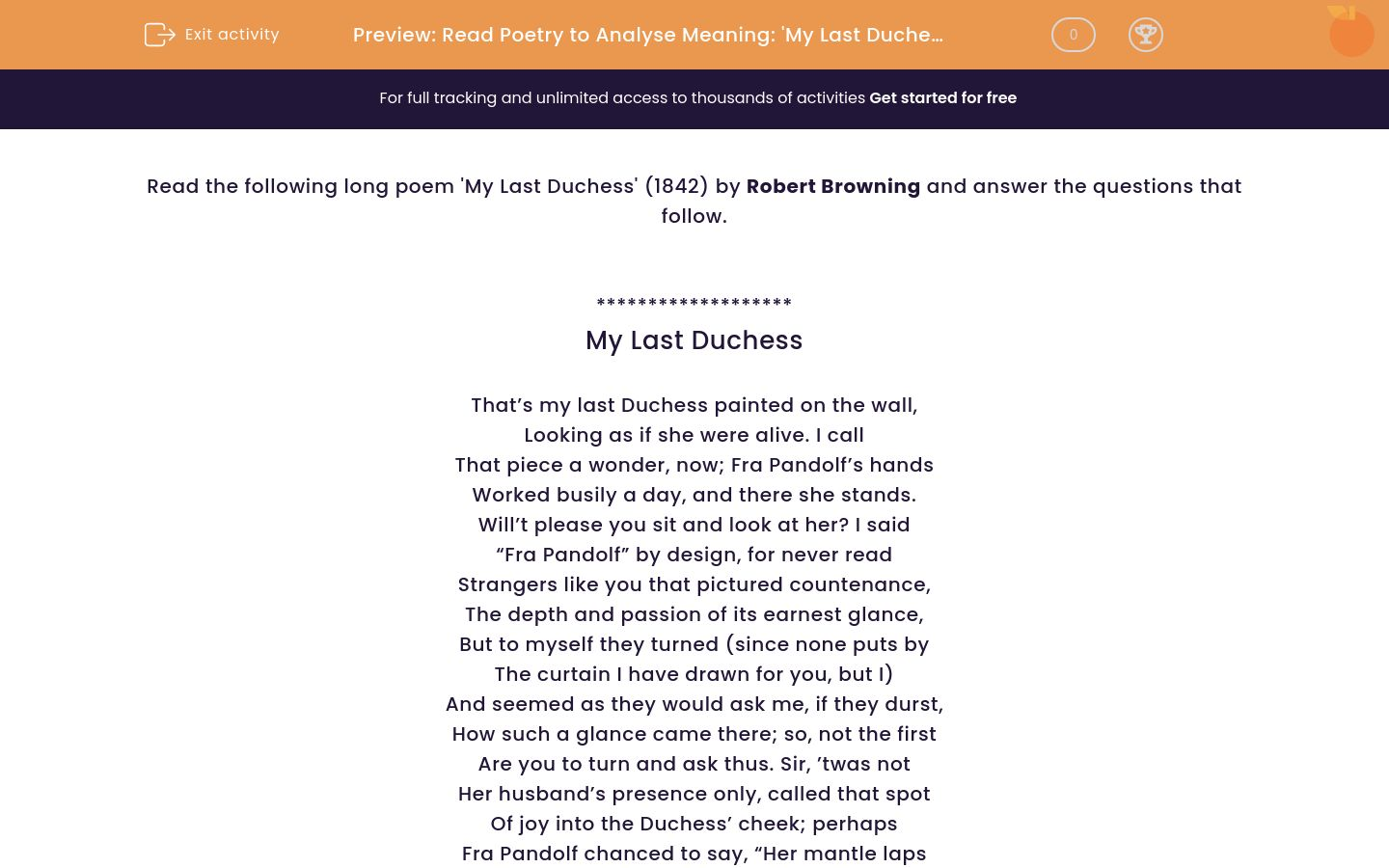 Analyse the Meaning of the Poem : 'My Last Duchess' Worksheet - EdPlace